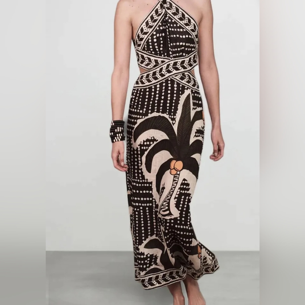 New Hanging Neck Plants Print Dress